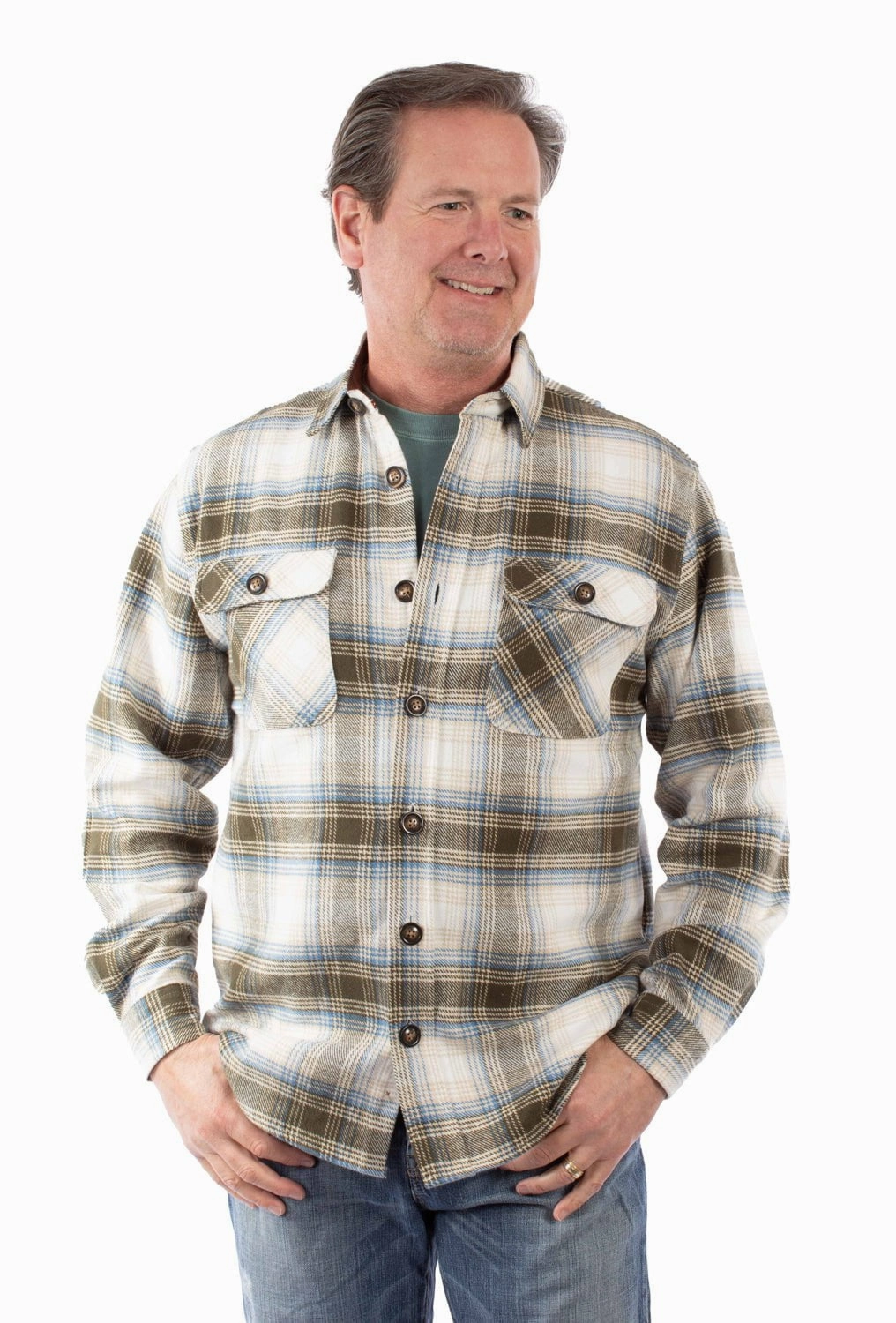 Scully Mens Flannel Plaid Olive 100% Cotton L/S Shirt Classic Design Durable Thread Construction
