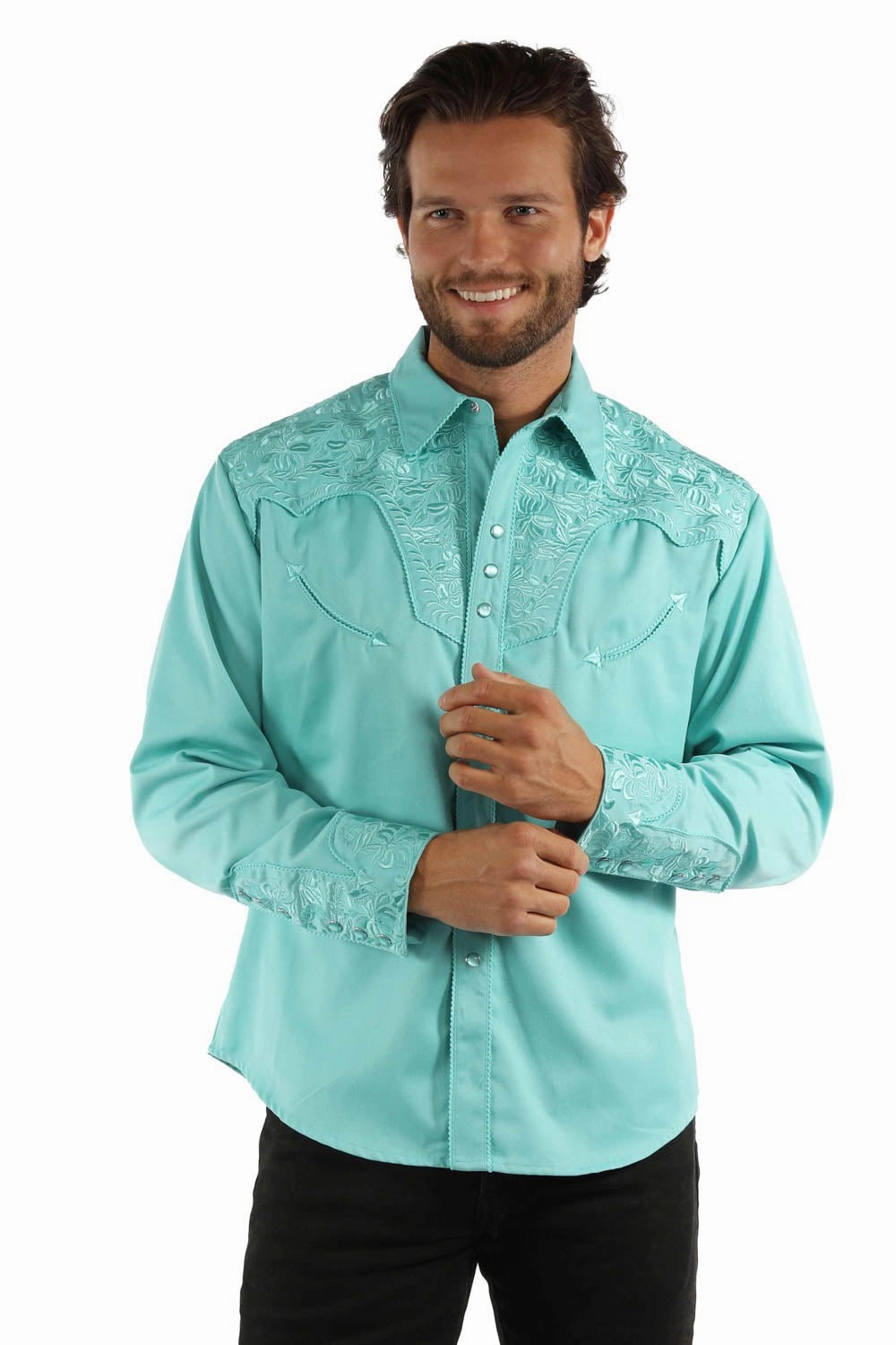 Breathable Material Seamless Shoulder Scully Mens Floral Tooled Embroidery Caribbean Poly/Rayon L/S Shirt