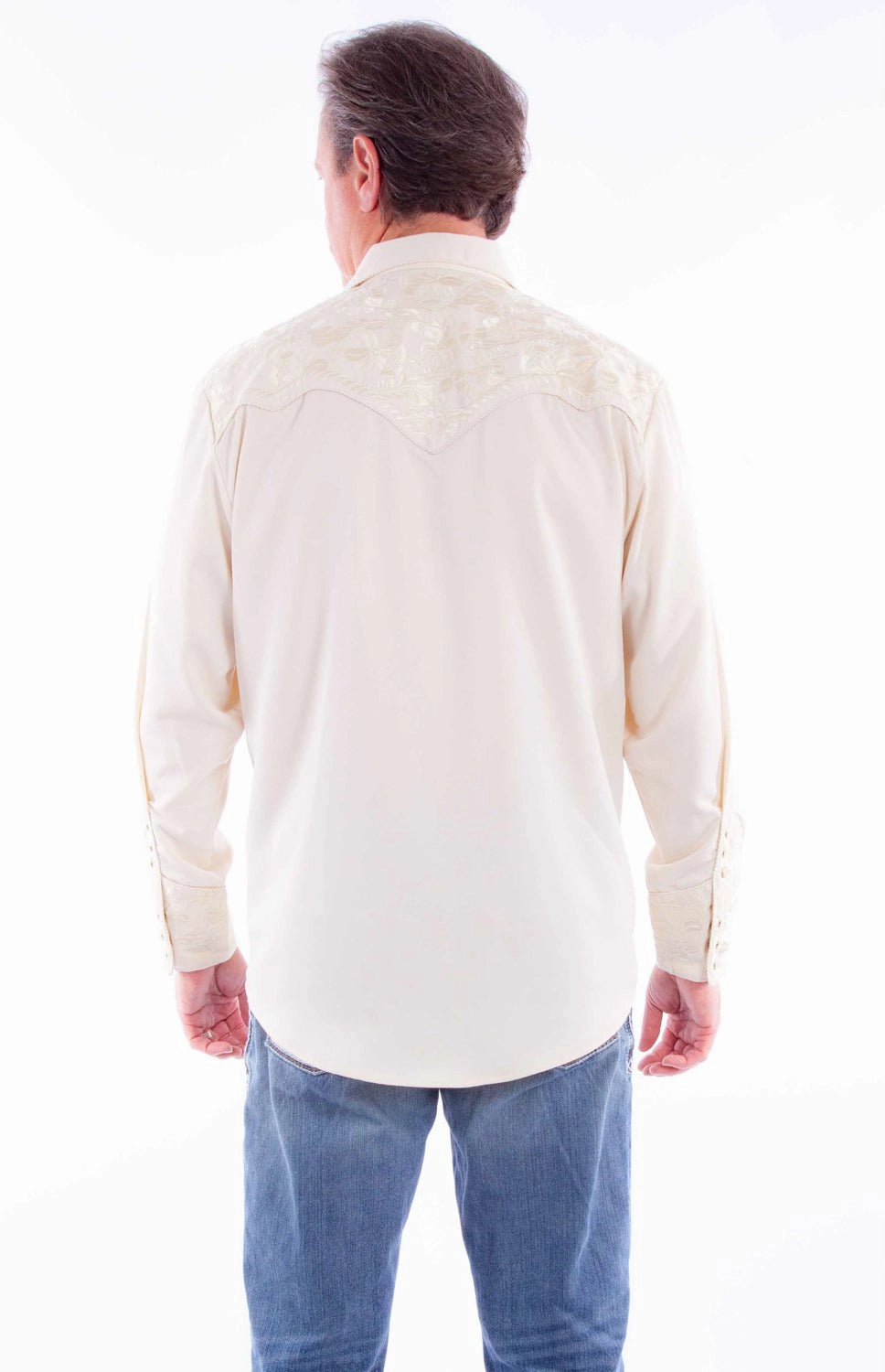 High-End Fashion Scully Mens Floral Tooled Embroidery Ivory Poly/Rayon L/S Shirt