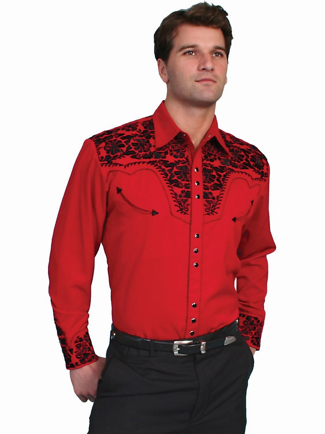 Scully Mens Floral Tooled Embroidery Red Poly/Rayon L/S Shirt XS Adjustable Cuffs Practical Choice