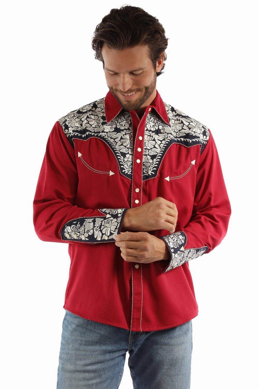 elegant design Durable Thread Construction Scully Mens Floral Tooled Embroidery Red/White/Blue Poly/Rayon L/S Shirt