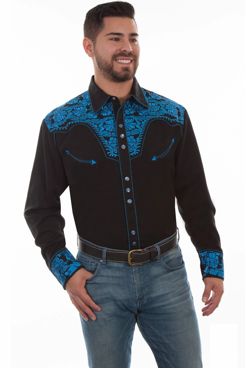 Scully Mens Floral Tooled Embroidery Royal Poly/Rayon L/S Shirt Timeless Classic Unique Design