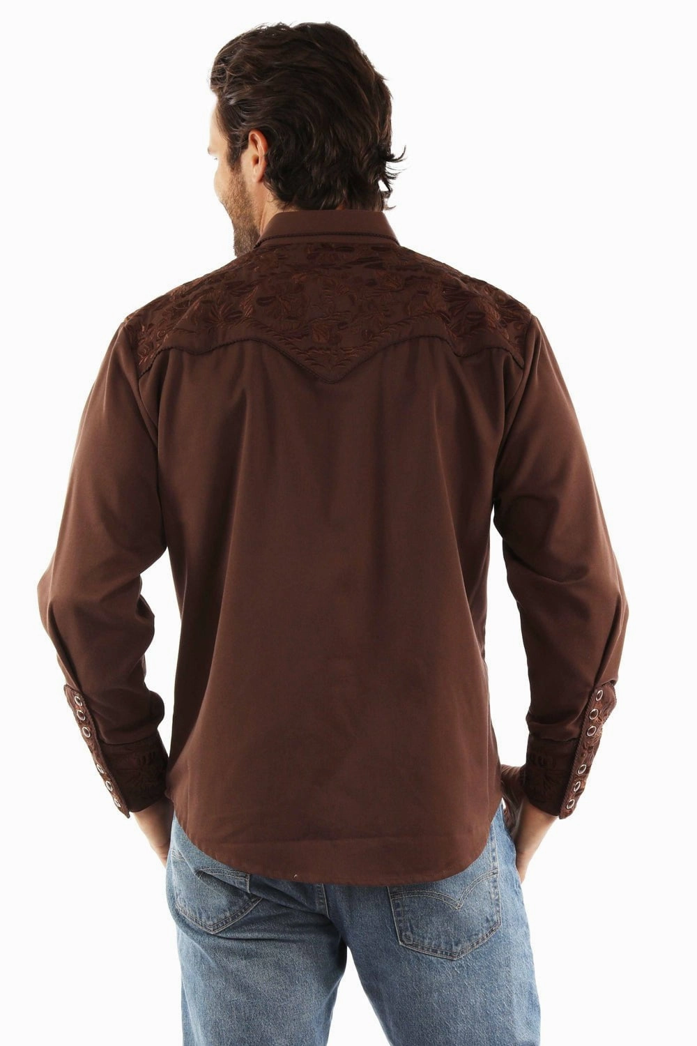 Premium Finish Scully Mens Floral Tooled Mocha Poly/Rayon L/S Shirt