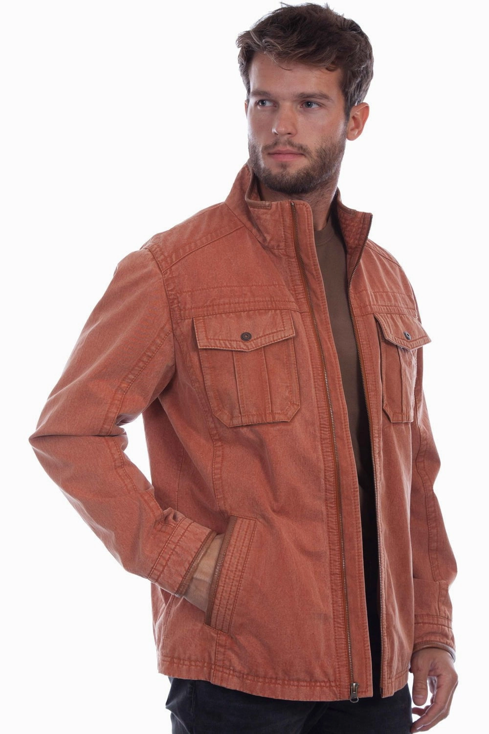 Collapsible Packable Design Timeless Piece Scully Mens Four Pockets Rust Cotton Blend Cotton Jacket