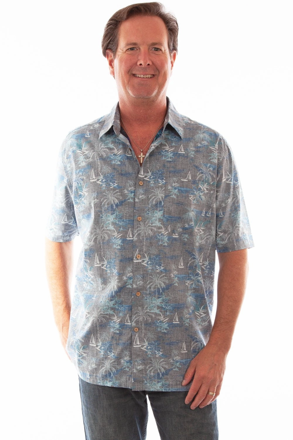 Perfect Fit Scully Mens Grey 100% Cotton Hawaiian Boats S/S Shirt