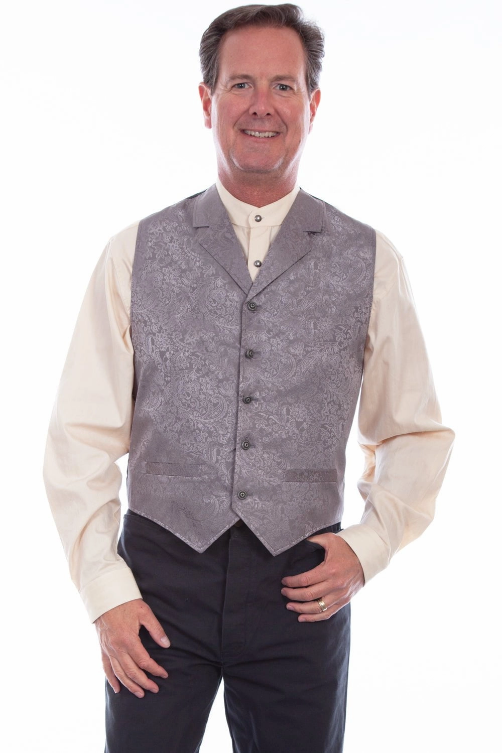 DoubleLayeredHem Scully Mens Grey 100% Silk Notched Lapels Vest