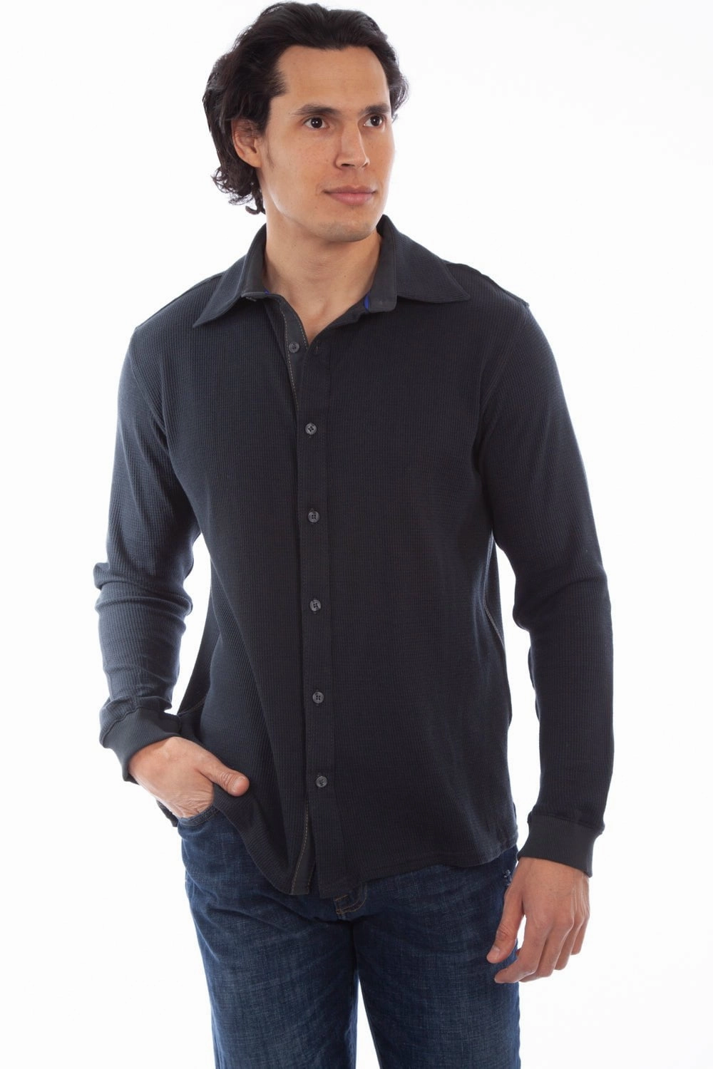 Modern Aesthetic Durable Buttons Scully Mens Gun Metal 100% Cotton Thermal Knit L/S Shirt
