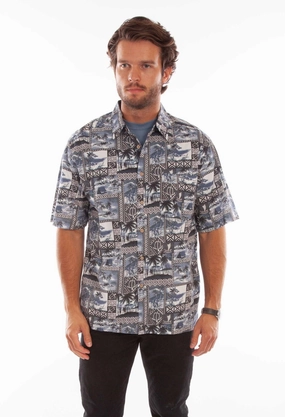gender-neutral Scully Mens Hawaiian Island Midnight Sky 100% Cotton S/S Shirt