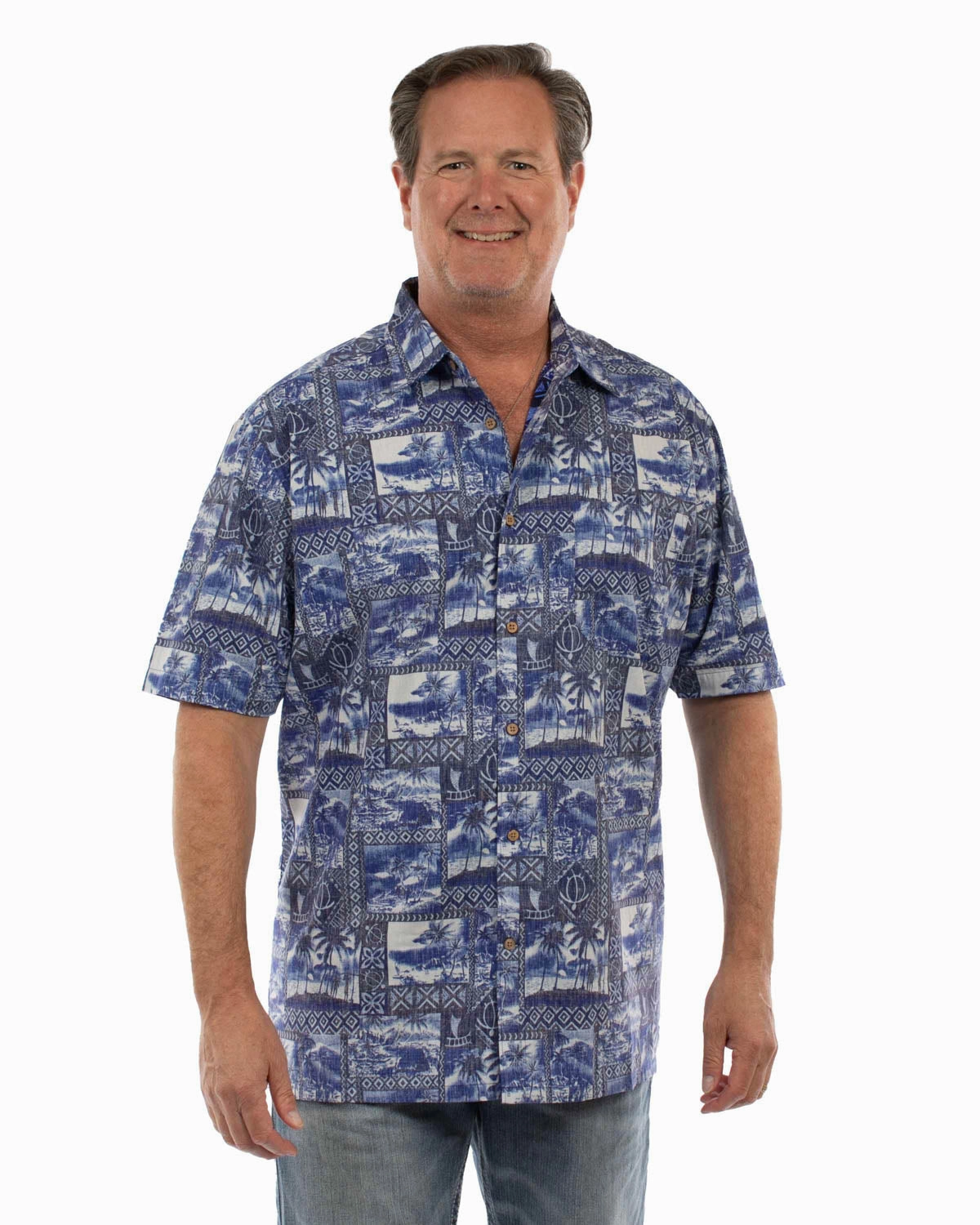Plus Size Fit Scully Mens Hawaiian Scenery Blue 100% Cotton S/S Shirt