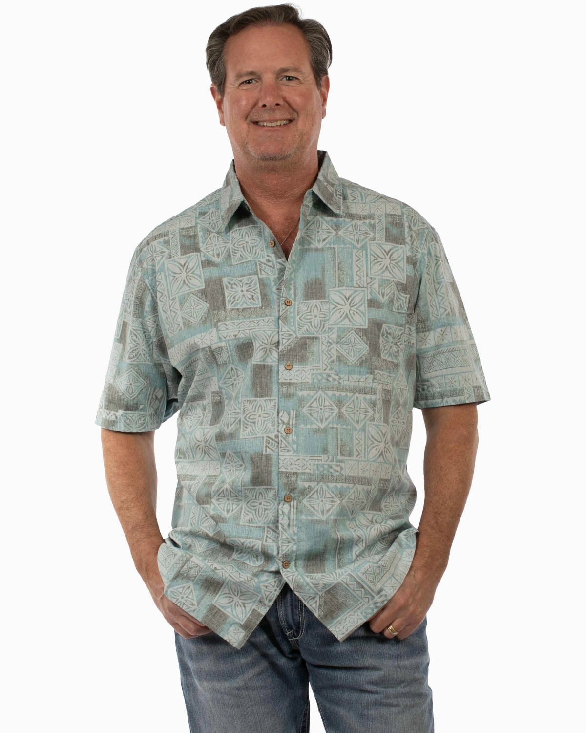 Timeless Piece Poolside Lounge Scully Mens Herringbone Hawaiian Islander Aqua 100% Cotton S/S Shirt