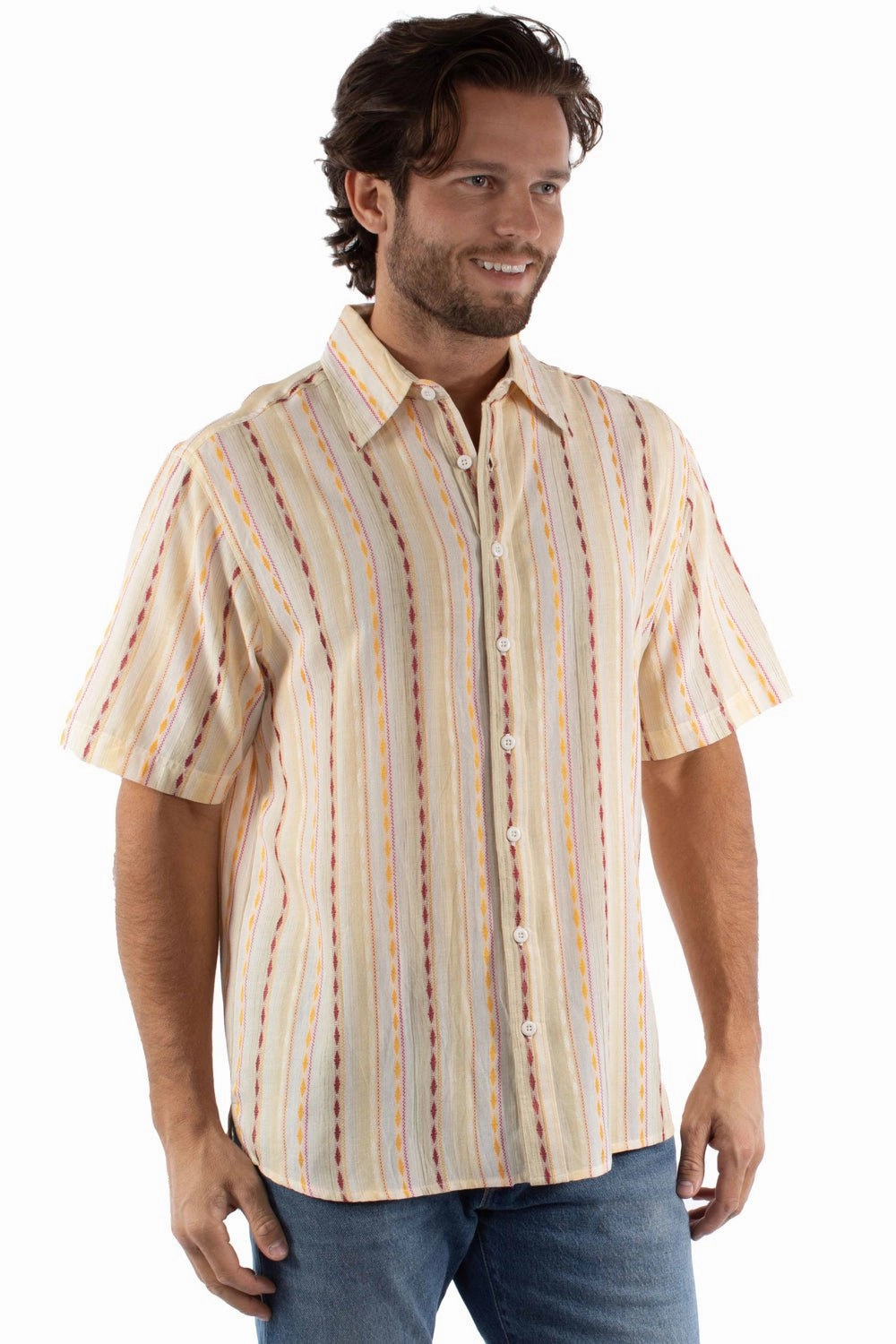 Non Restrictive Armhole Lakeside Relaxation Scully Mens Jacquard Southwest Stripe Cream 100% Cotton S/S Shirt