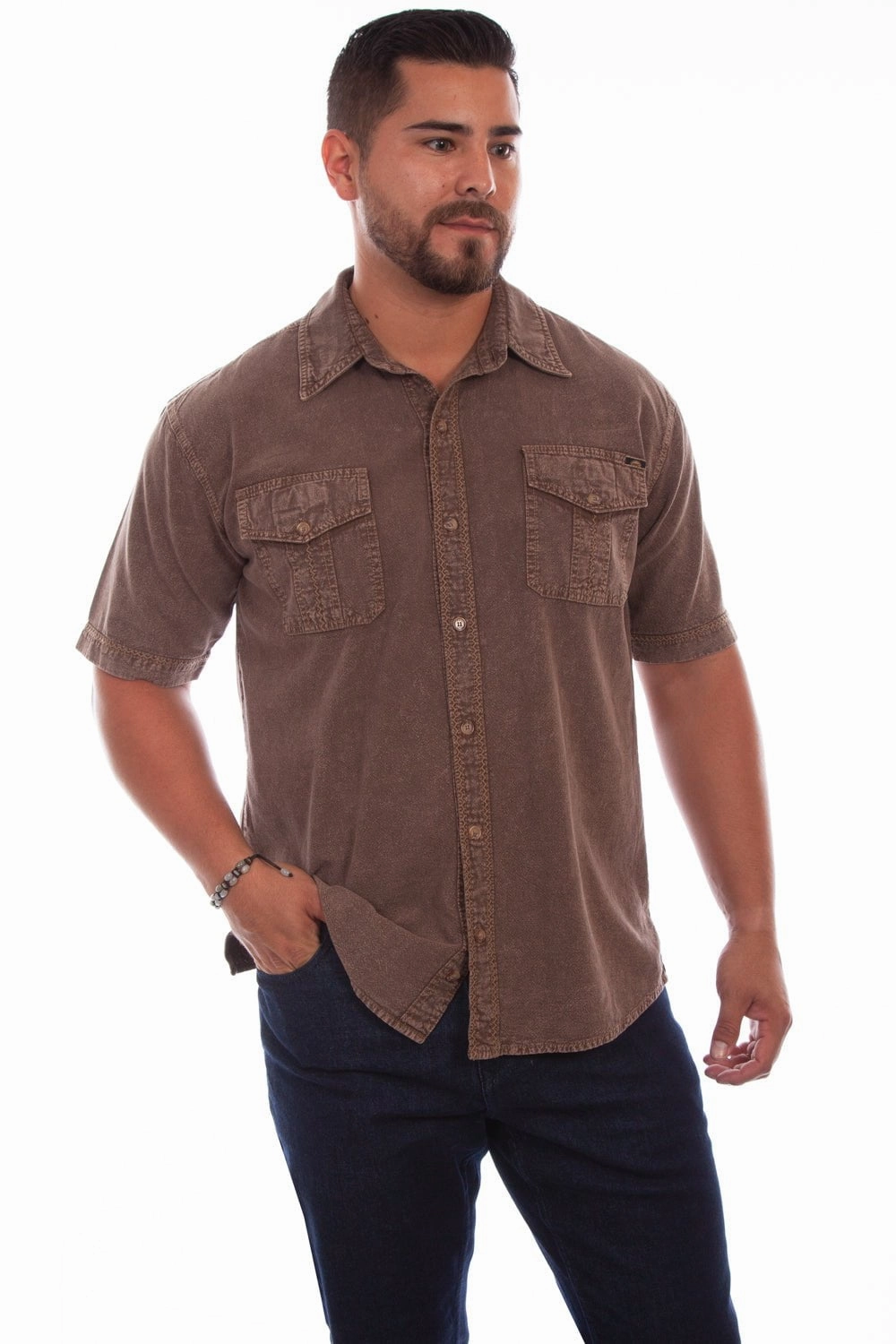 Scully Mens Light Latte 100% Cotton Voyager S/S Shirt Sustainable Weave Easy Care Material