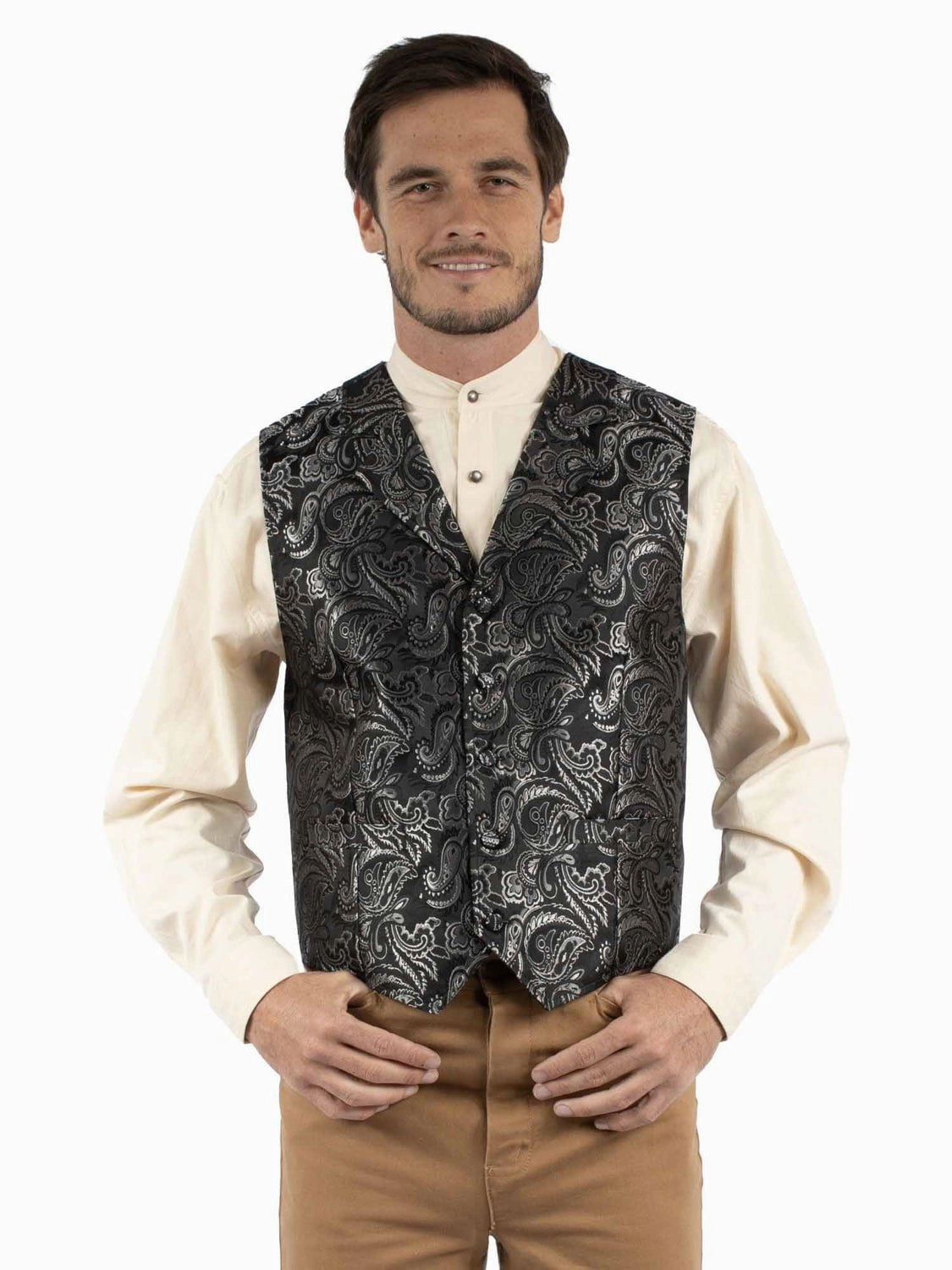 Scully Mens Notched Old West Black 100% Polyester Vest Comfort Stretch Fabric