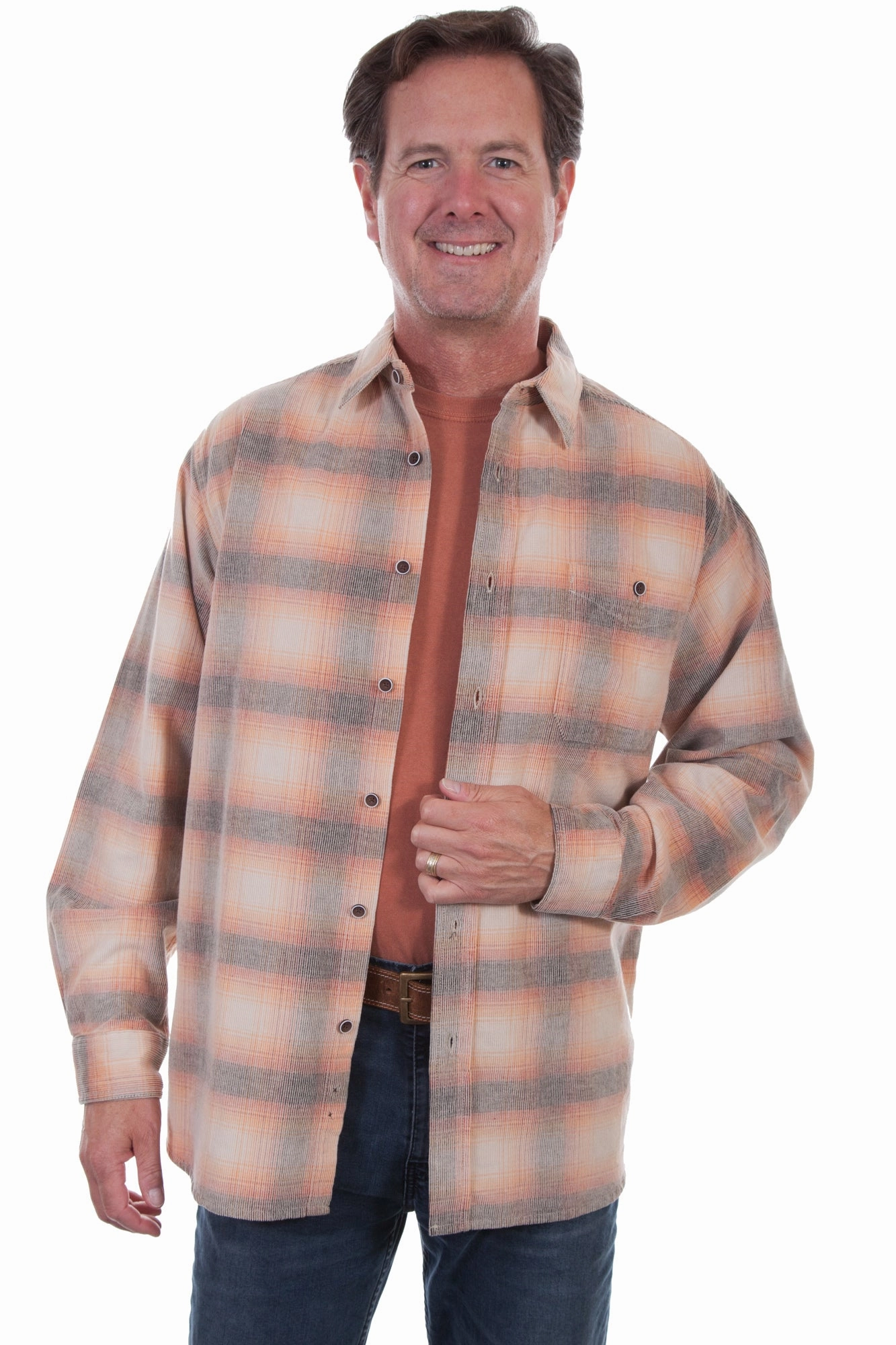 Scully Mens Orange/Black 100% Cotton Cord Plaid L/S Shirt Seamless Sides
