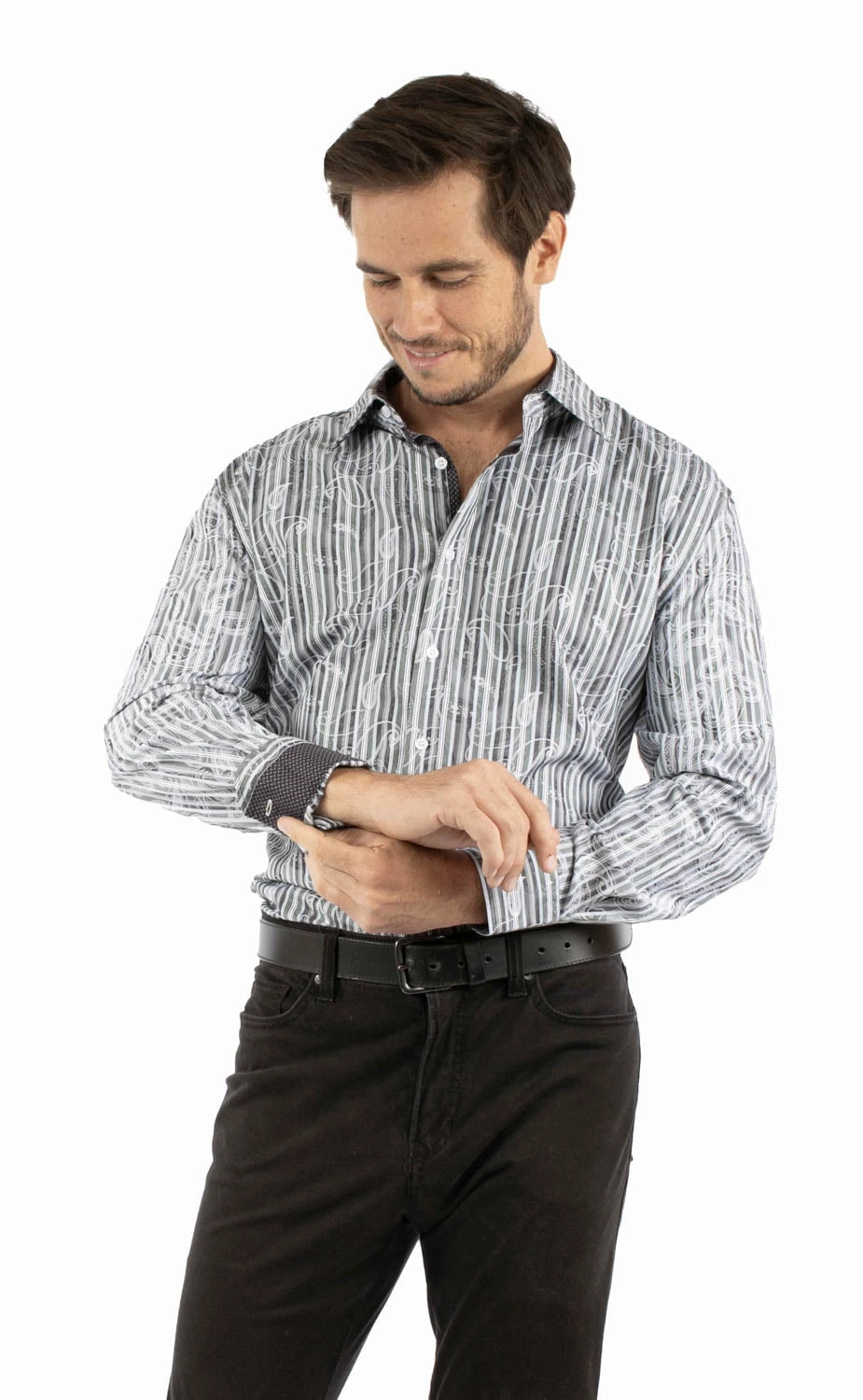 Modern Look Scully Mens Paisley Jacquard Charcoal 100% Cotton L/S Shirt