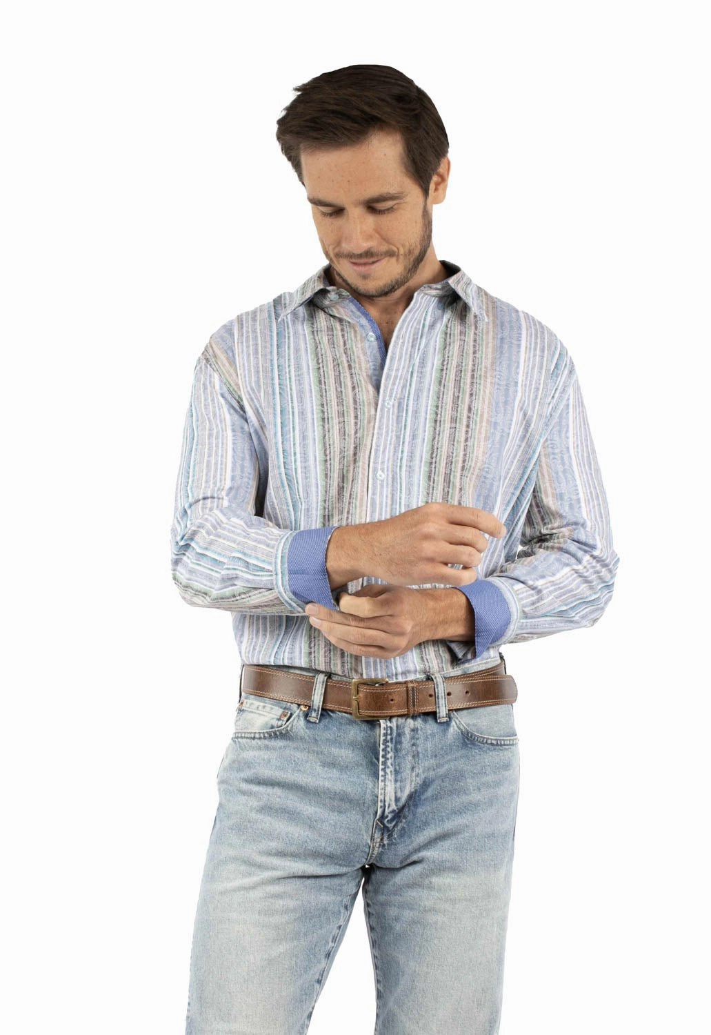 Scully Mens Paisley Jacquard Stripe Blue 100% Cotton L/S Shirt Durable Fabric tailored look