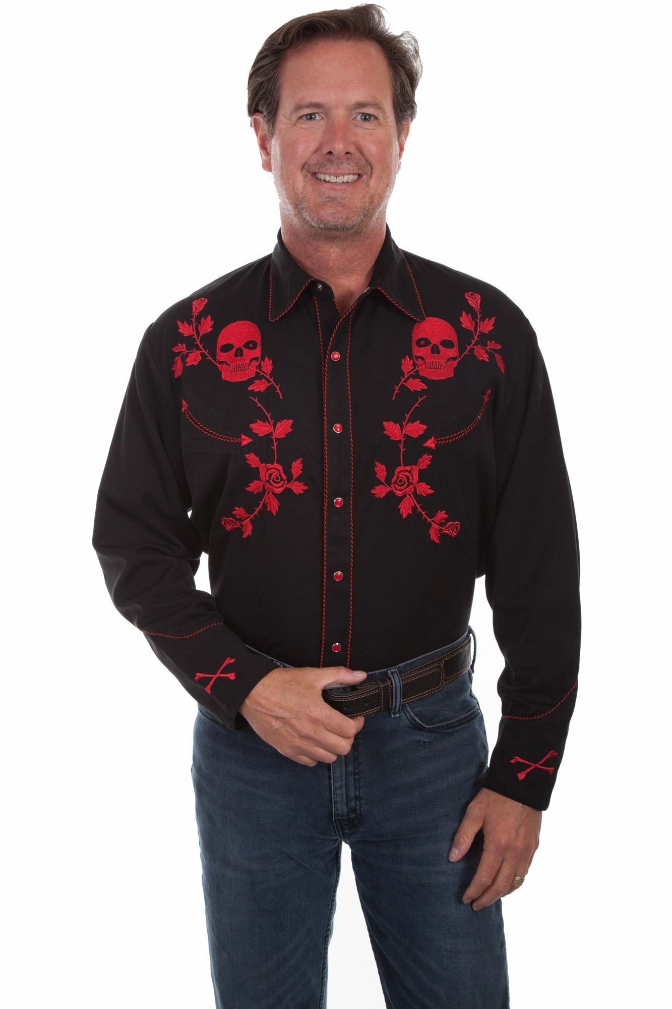 Lightweight texture Scully Mens Red Poly/Rayon Skull/Rose L/S Shirt