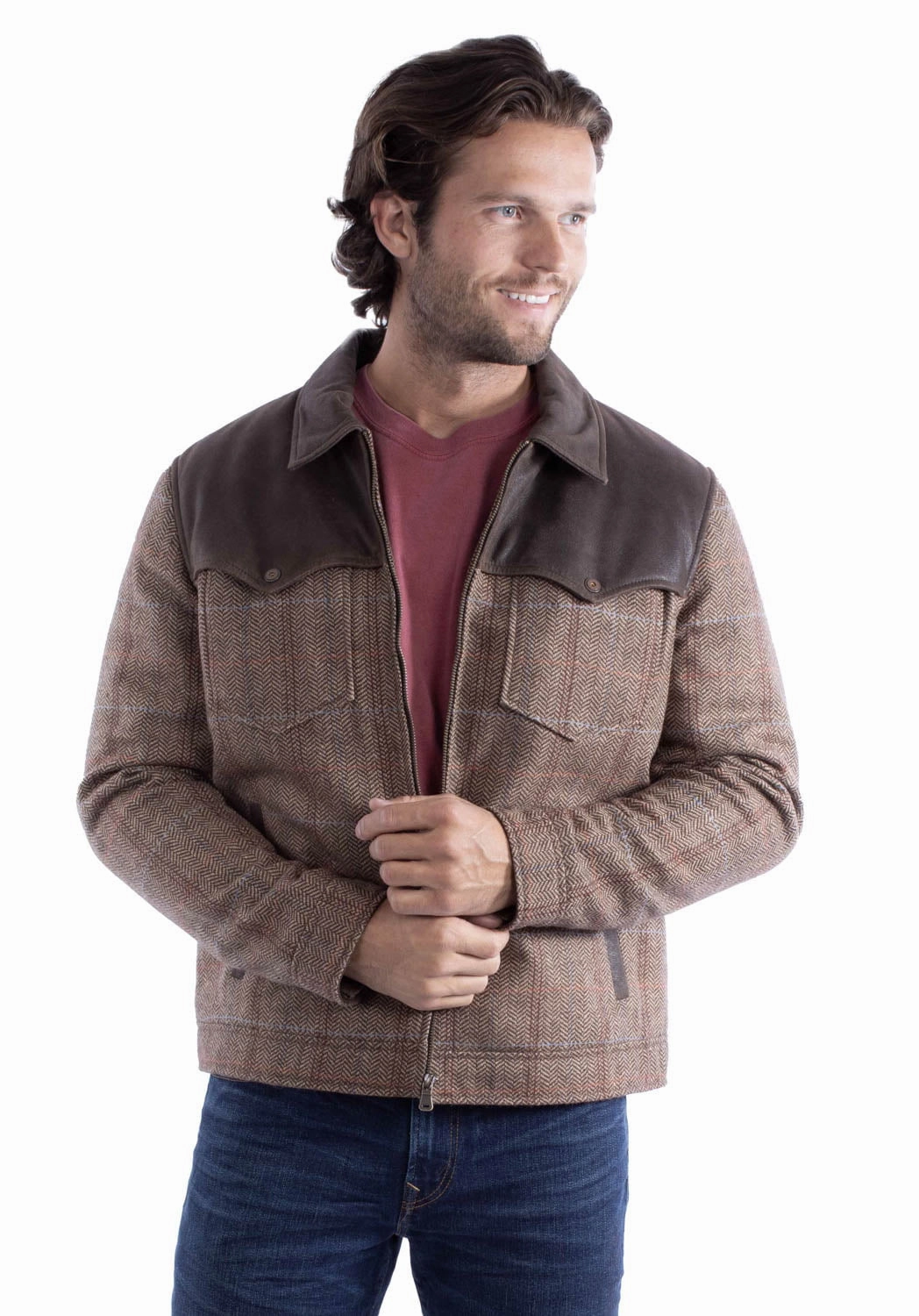 High Collar Design Scully Mens Refined Herringbone Brown Leather Leather Jacket