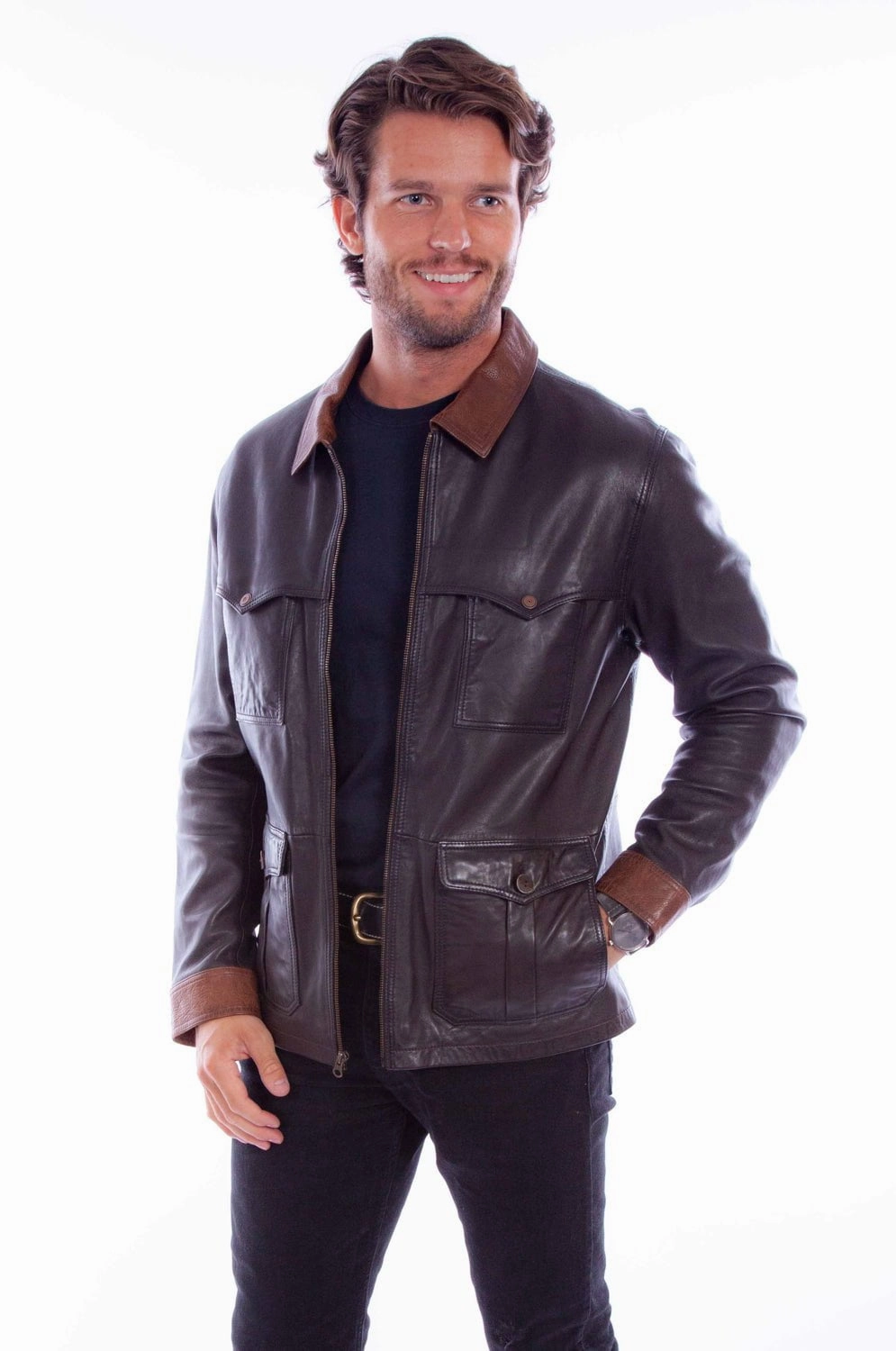 Scully Mens Retro Zip Chocolate Leather Leather Jacket Flexible Fiber Fill Eco Certified Textiles