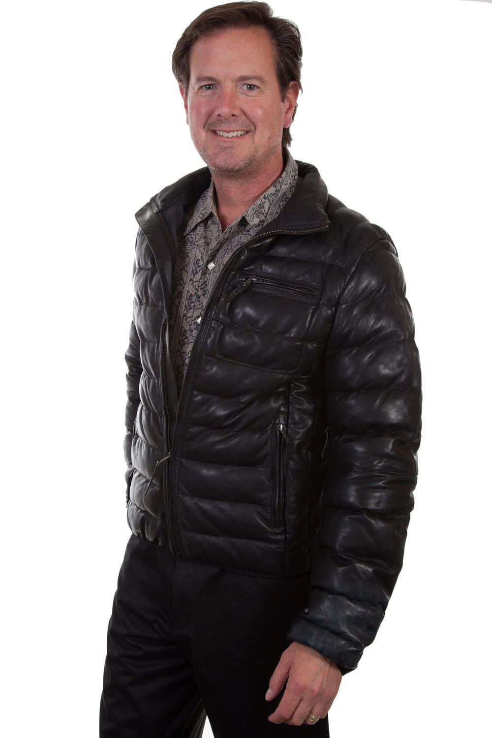 Strong Zip Modular Attachment System Scully Mens Ribbed Puffer Black Leather Leather Jacket