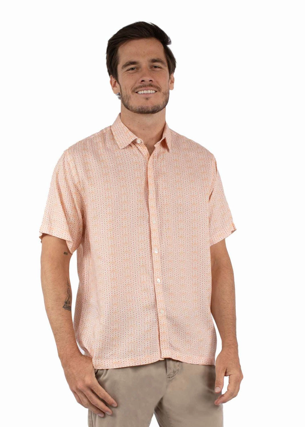 Scully Mens Scalloped Button Front Peach 100% Viscose S/S Shirt Tear Resistant Reinforcement Date night