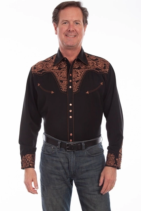 Sleek Silhouette Smooth Texture Scully Mens Shirt Western Black Poly Blend Floral Tooled Stitch L/S