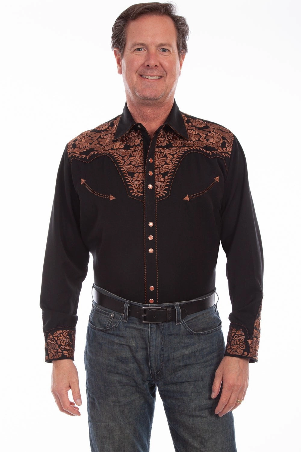 Scully Mens Shirt Western Black Poly Blend Floral Tooled Stitch L/S Stretch Fit Technology Winter Layering