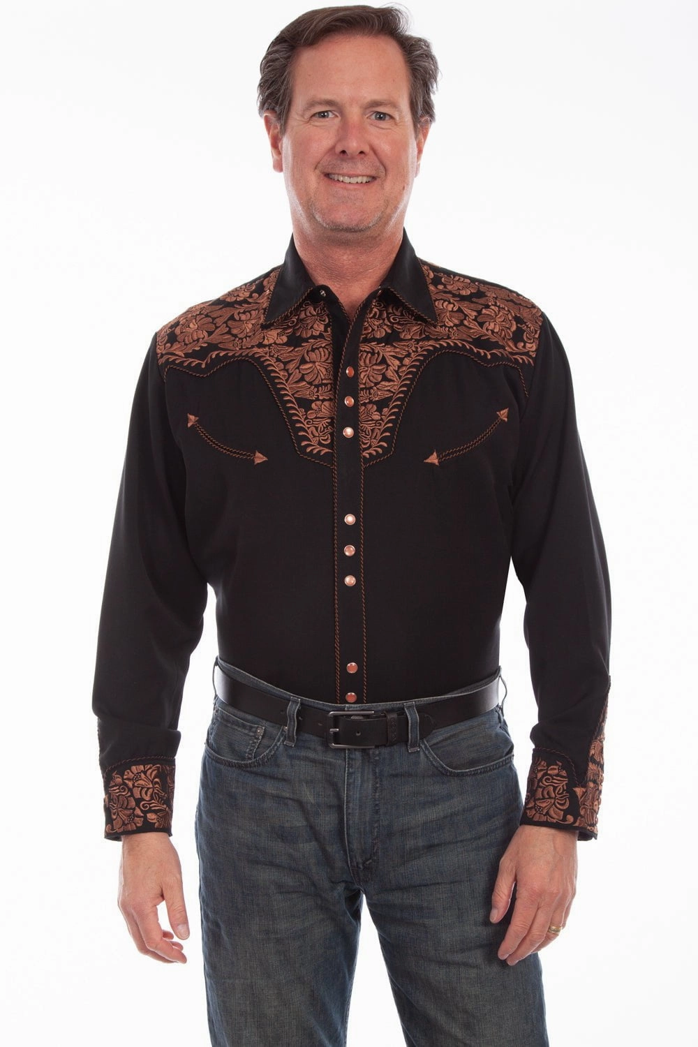 Scully Mens Shirt Western Black Poly Blend Floral Tooled Stitch L/S Classy Detail