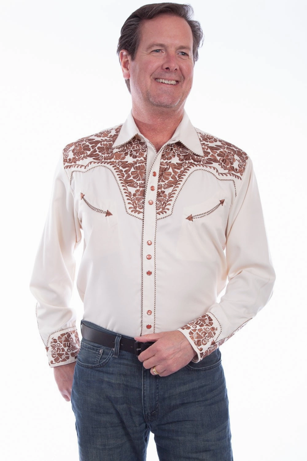Quick Dry Technology UV Protection Scully Mens Shirt Western Natural Poly Blend Floral Tooled Stitch L/S L