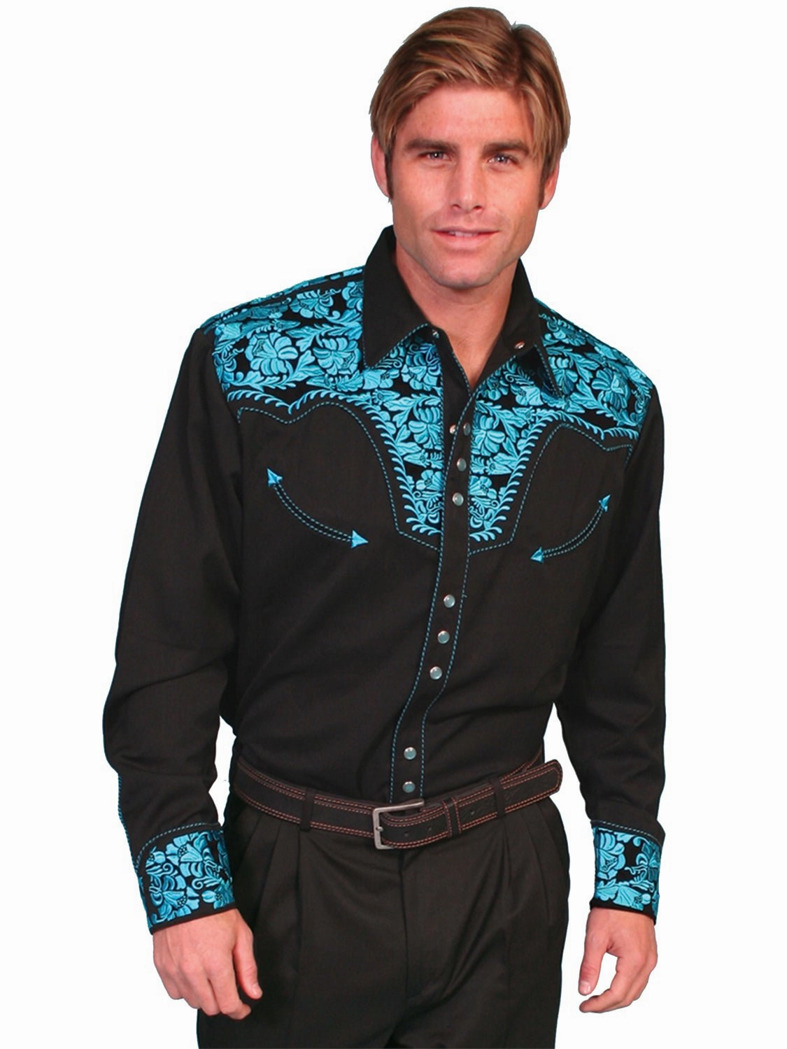 Scully Mens Shirt Western Turquoise Poly Blend Floral Tooled Stitch L/S Durable Stitching