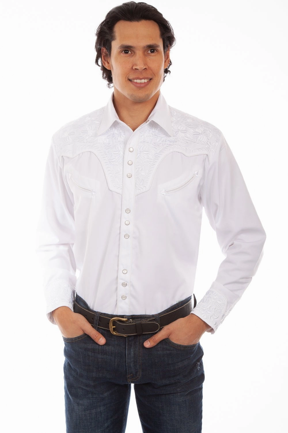 Scully Mens Shirt Western White Poly Blend Floral Tooled Stitch L/S Durable Construction Handcrafted Detail