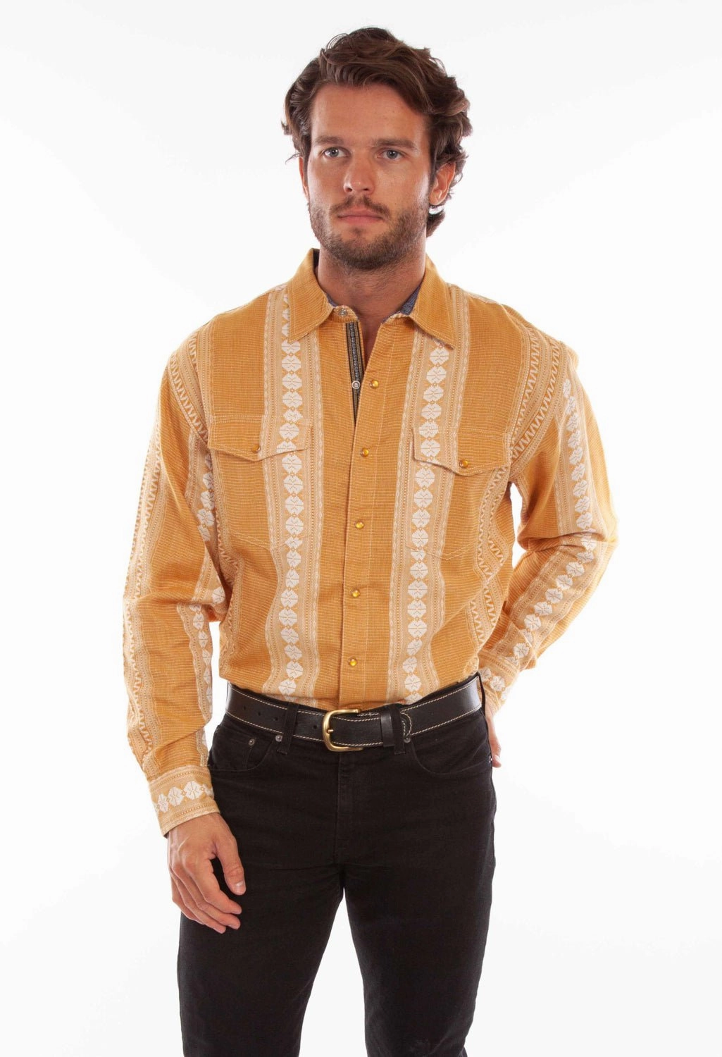 Tailored Cut Scully Mens Signature Jacquard Mustard 100% Cotton L/S Shirt