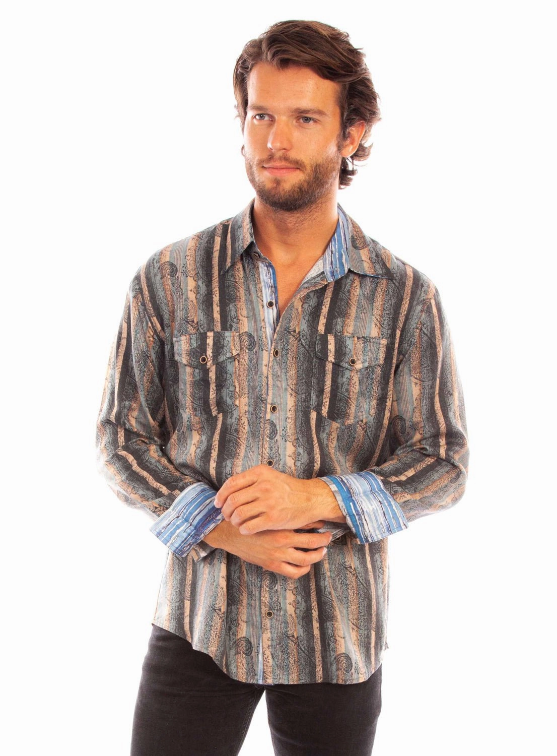 Roomy Cut Easy Care Material Scully Mens Signature Paisley Stripe Taupe 100% Tencel L/S Shirt
