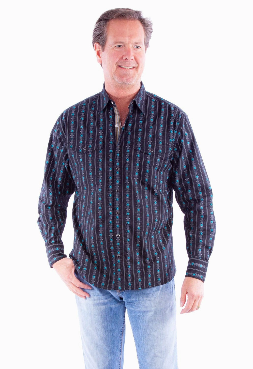 Scully Mens Skull Stripe Turquoise 100% Cotton L/S Shirt Lace Accent Workwear Ready