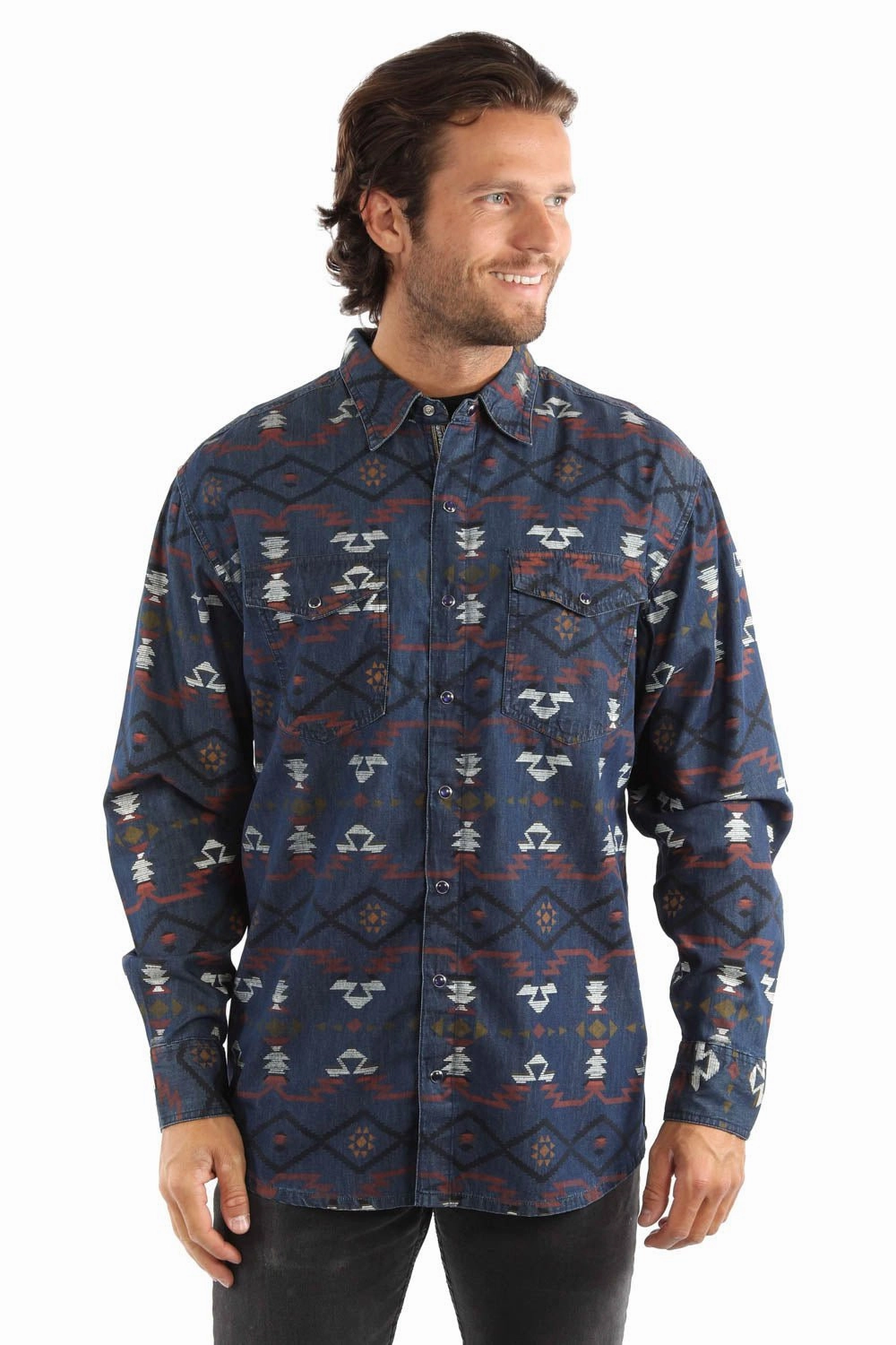 Scully Mens Southwest Aztec Blue 100% Cotton L/S Shirt slim fit