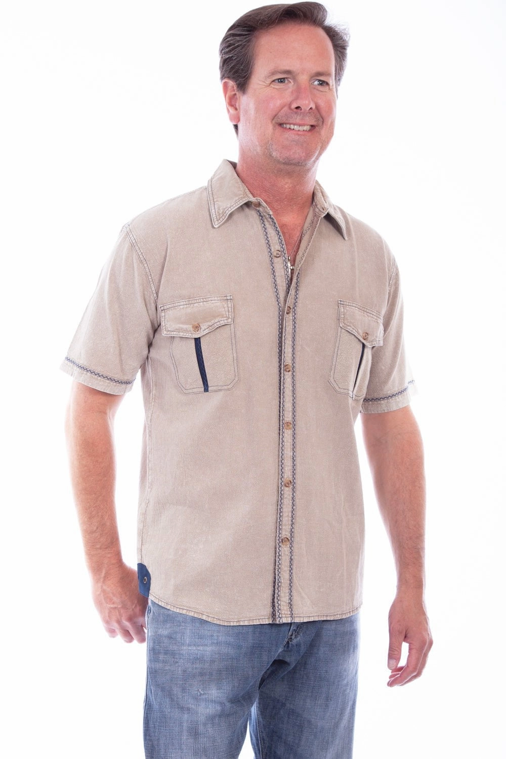 Scully Mens Stone 100% Cotton Ridgeline S/S Shirt Adjustable Hem