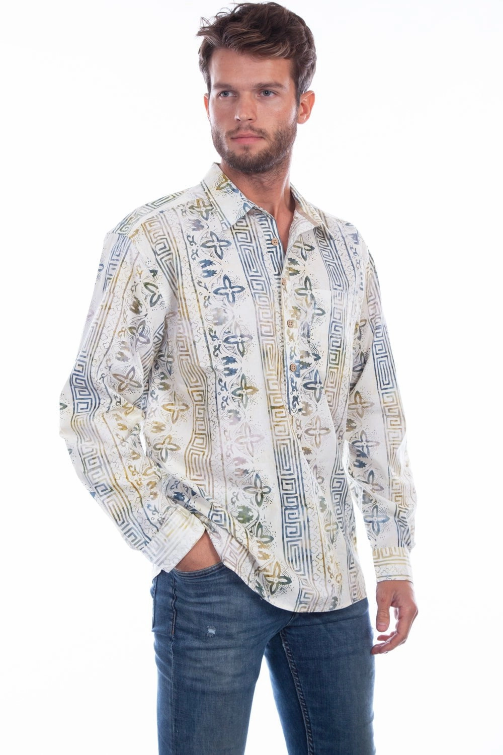 Travel Friendly Printed Pattern Scully Mens Tiki 100% Cotton Batik Popover L/S Shirt