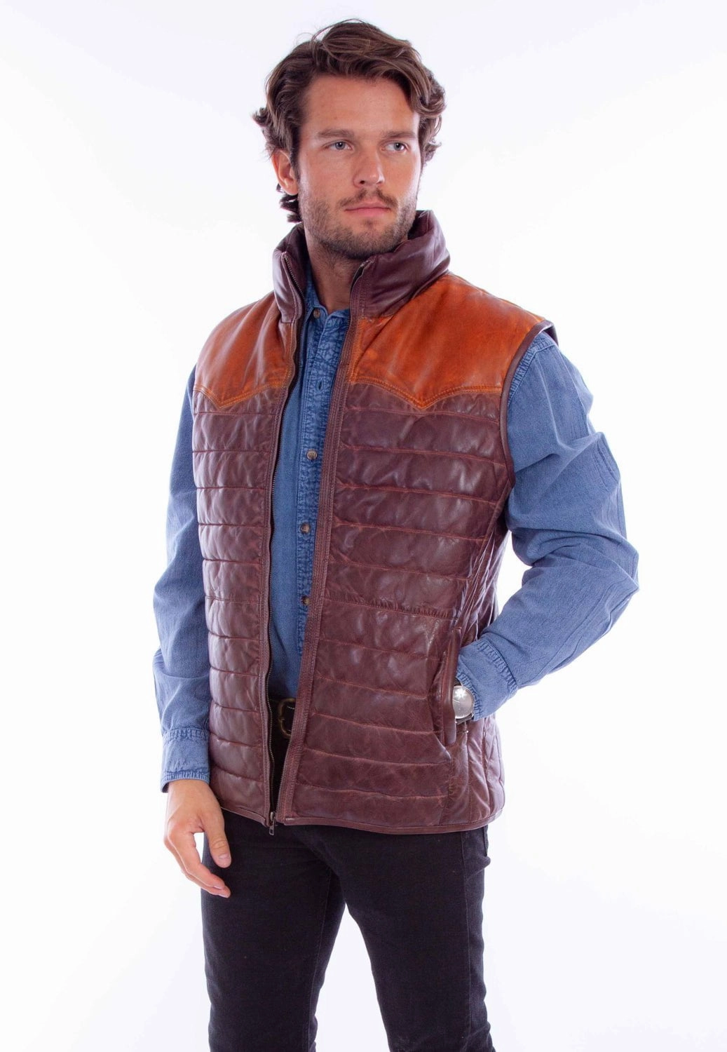 Weekend Chill Style Foldable Storage Scully Mens Two Tone Yoke Brown Leather Leather Vest