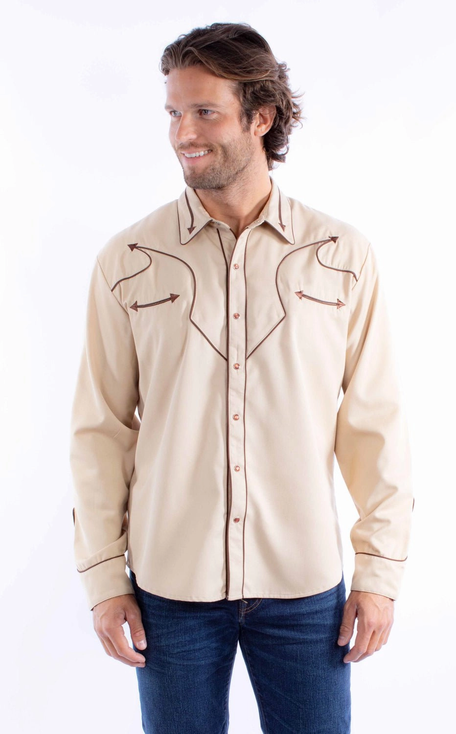 Scully Mens Vintage Piping Tan Poly/Rayon L/S Shirt Durable Fabric
