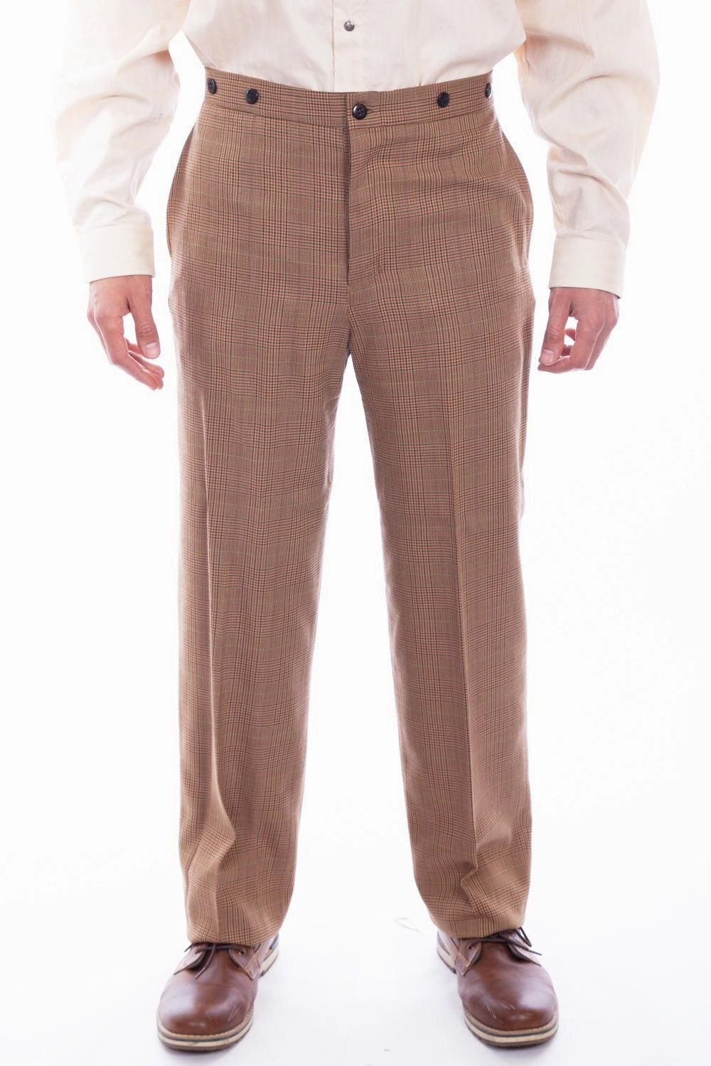 Scully Mens Vintage Plaid Tan Wool Blend Dress Pants Stretch waistband All Occasion