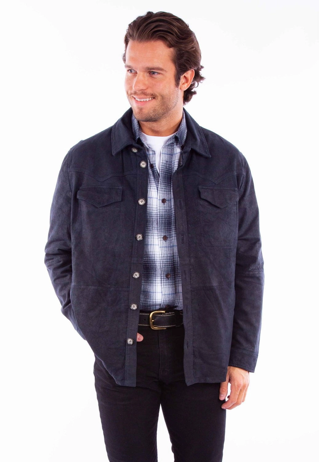 Hypoallergenic Textile Office Wear Scully Mens Western Button Up Navy Leather Leather Jacket