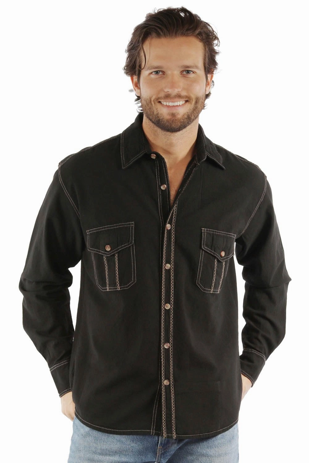 Workwear Style Edgy Design Scully Mens Western Contrast Stitching Black 100% Cotton L/S Shirt