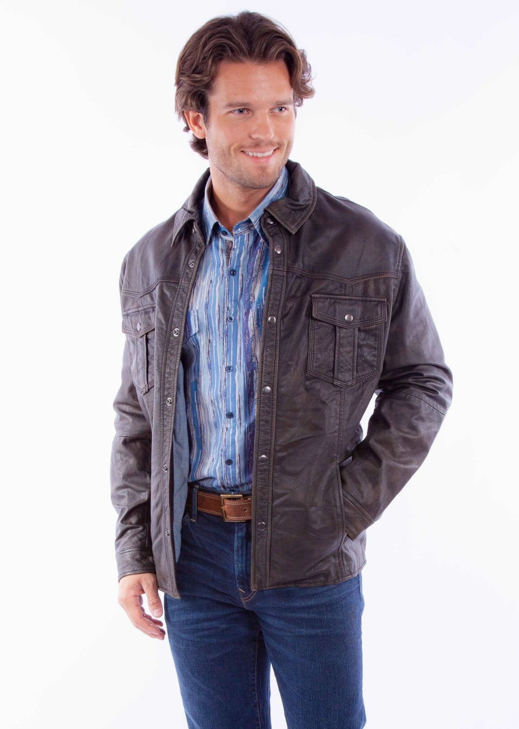 Scully Mens Western Motorcycle Black Leather Leather Jacket Logo Free Style