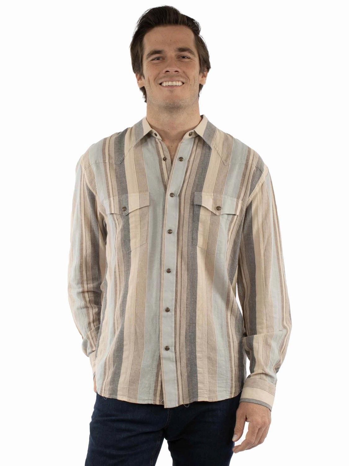 Scully Mens Western Wide Stripe Earth 100% Cotton L/S Shirt Formal Elegance Non Irritating Seams