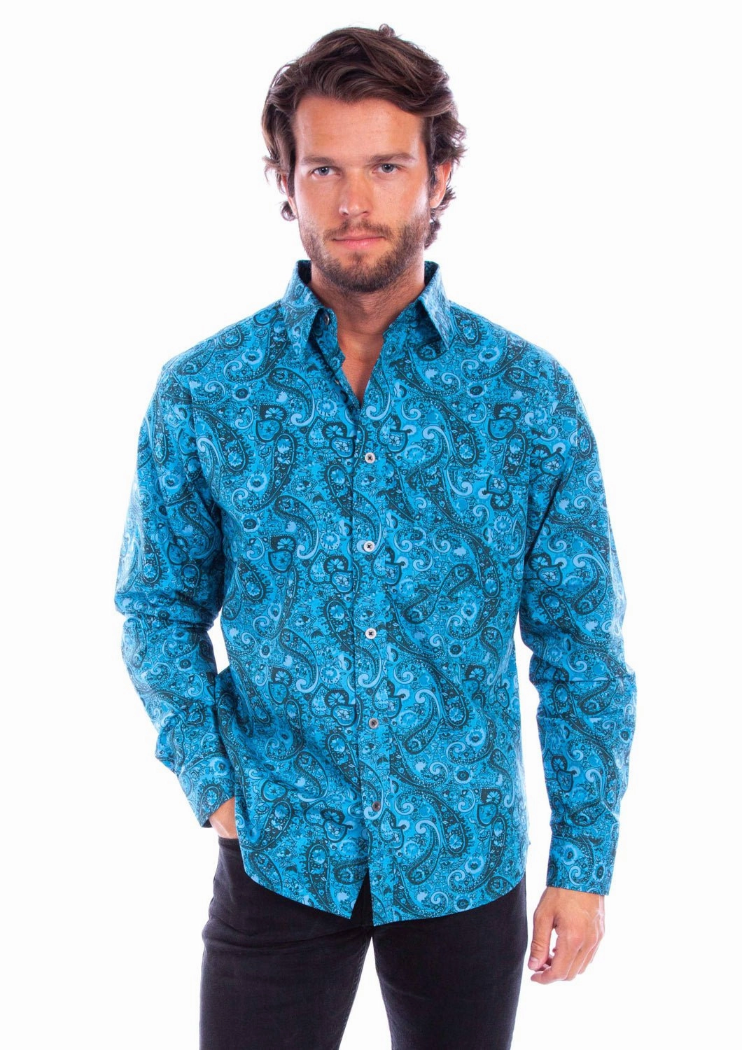 Job Interview Scully Mens Worn Outs Paisley Aqua 100% Cotton L/S Shirt