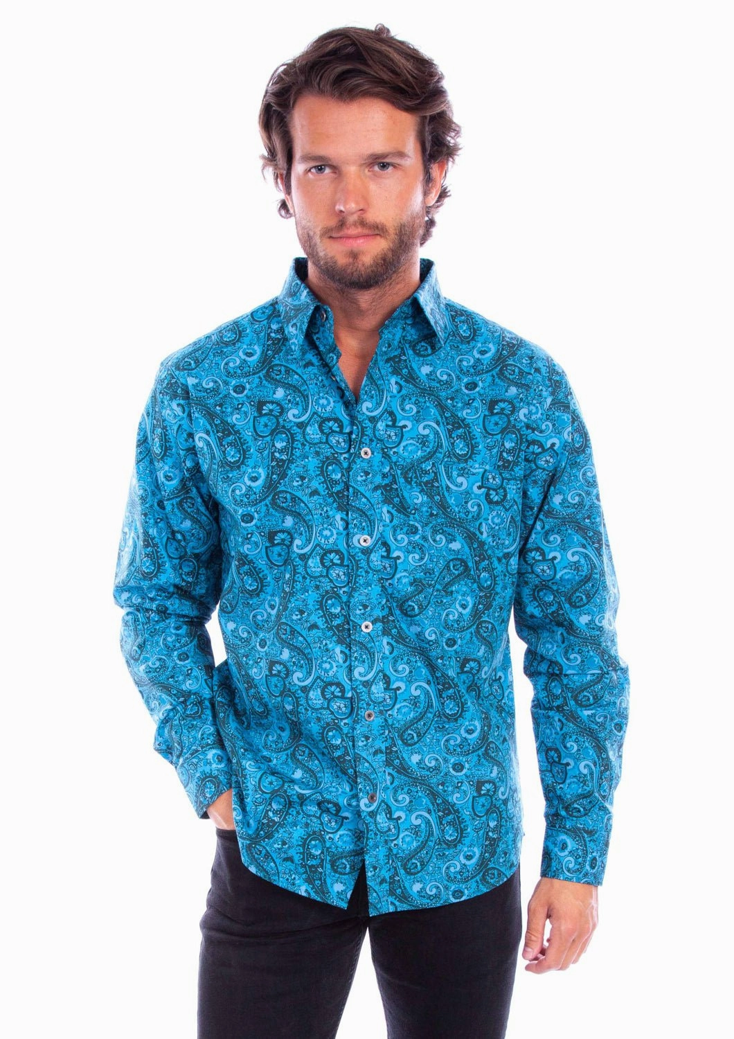 Sweat-Absorbing Scully Mens Worn Outs Paisley Aqua 100% Cotton L/S Shirt
