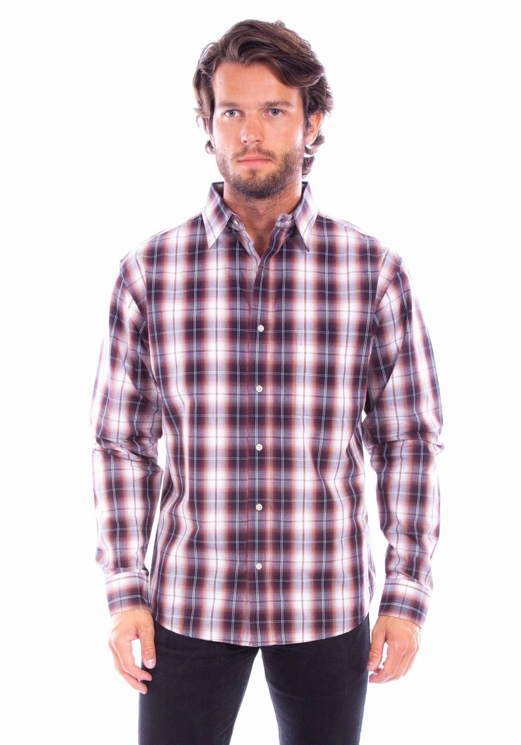 Scully Mens Worn Outs Plaid Burgundy 100% Cotton L/S Shirt Non Restrictive Armhole Thermal regulation