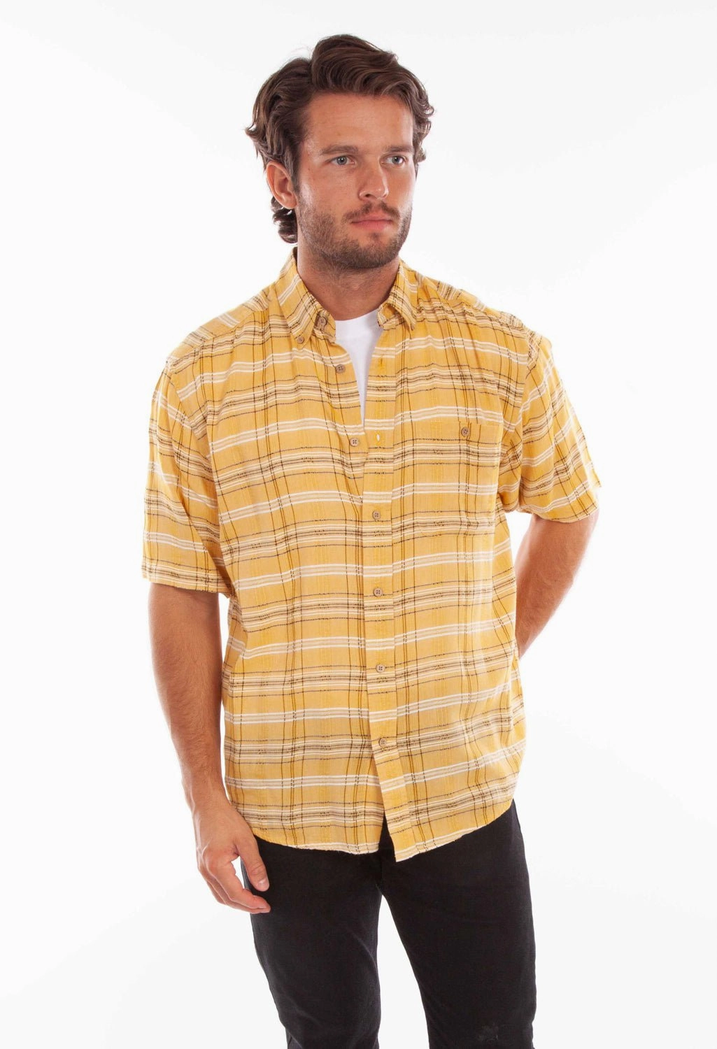 Scully Mens Worn Outs Plaid Yellow 100% Cotton S/S Shirt Cocktail Event Solid Hue