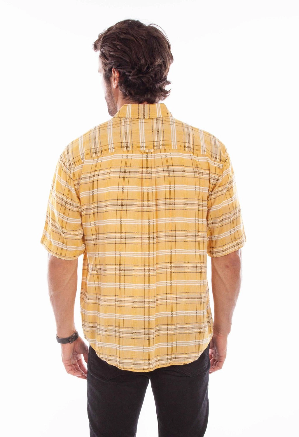 Travel Essential Scully Mens Worn Outs Plaid Yellow 100% Cotton S/S Shirt