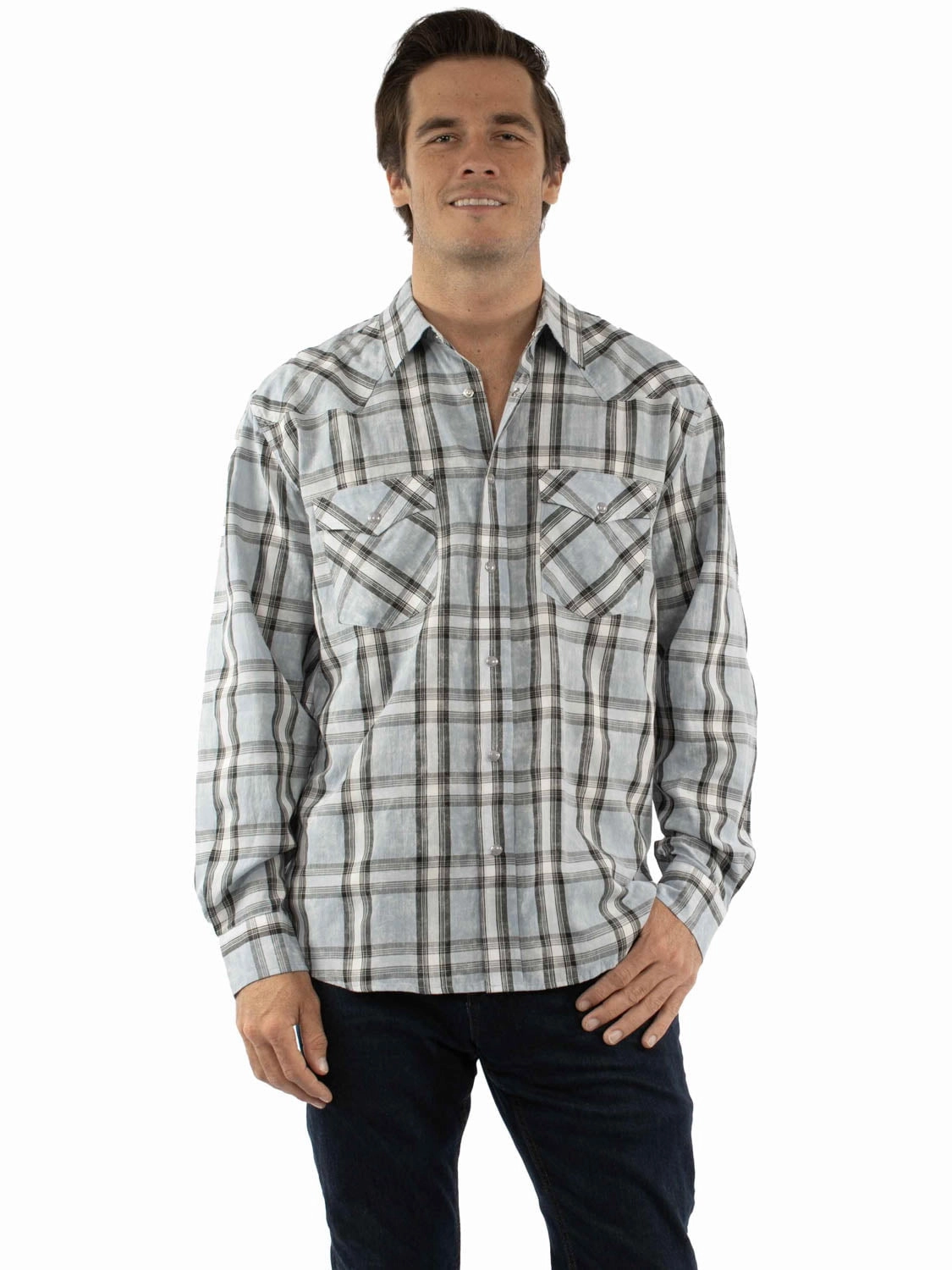 Geometric Print Non Chafe Seams Scully Mens Worn Washed Plaid Grey 100% Cotton L/S Shirt